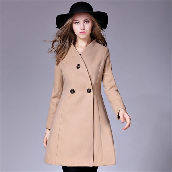 

woolen blends pea coats ladies winter fashion v-neck elegant long outwear black slim overcoat on7p
