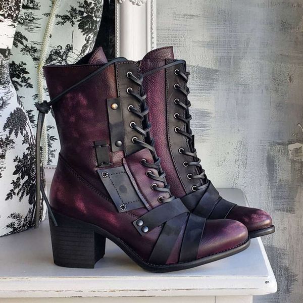 

winter solid women's pointed thick heel inner raised leather stitching front lace up autumn low barrel martin boots, Black