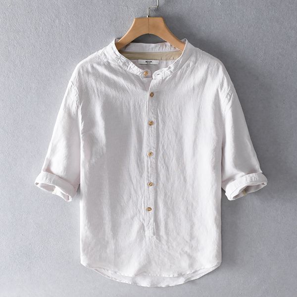 

2021 new summer linen and cotton stand collar brand three-quarter sleeve fashion shirts for men casual solid mens shirt ladv, White;black