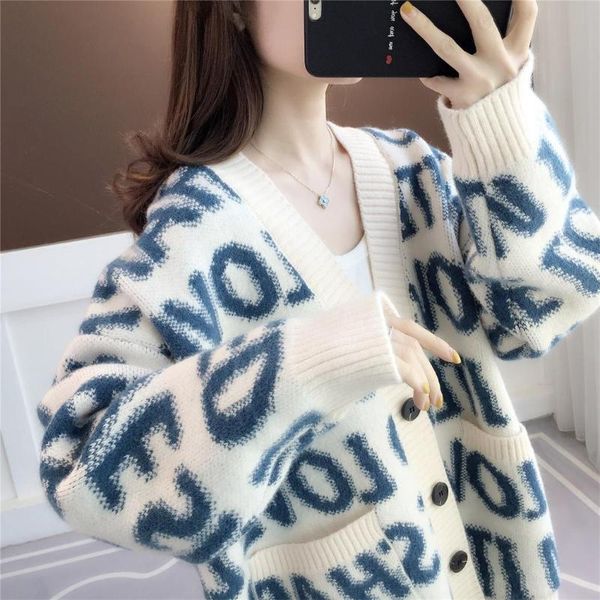 

women's knits & tees 2021 autumn winter women long sleeve sweater cardigan female loose cardigans v neck letter print knitted z856, White