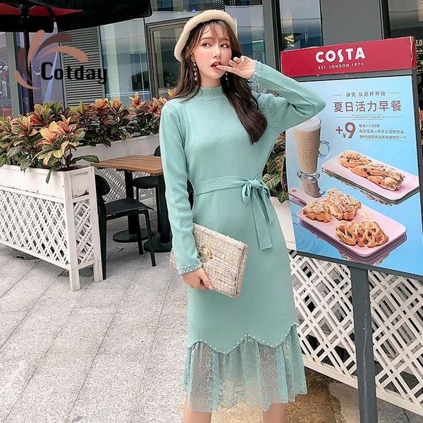 

casual dresses cotday voile mesh sky blue women beading lace elegant patchwork knit spring sashes bow knitted swaeter dress, Black;gray