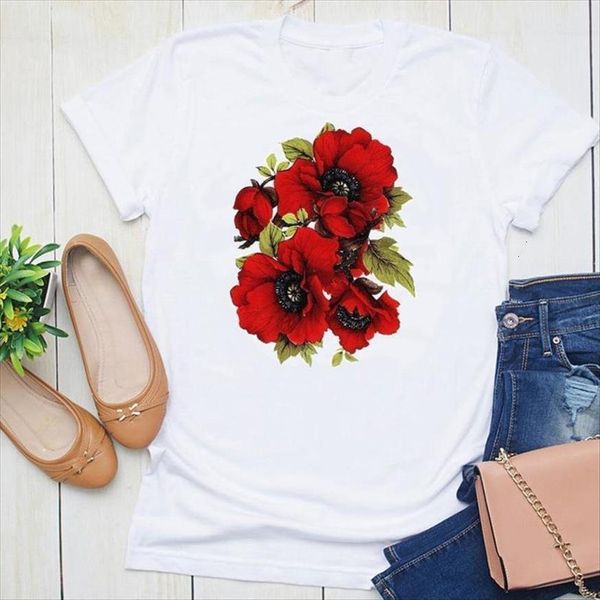 

graphic watercolor clothing flower floral women summer short sleeve fashion print female clothes tees shirt, White
