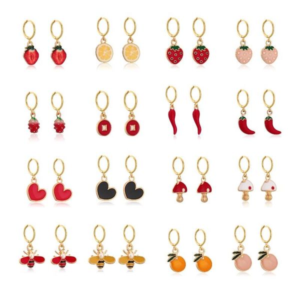 

hoop & huggie looxi cute dripping oil chili pepper ins fruits strawberry lemon earring charming summer jewerly pendientes oorbellen, Golden;silver