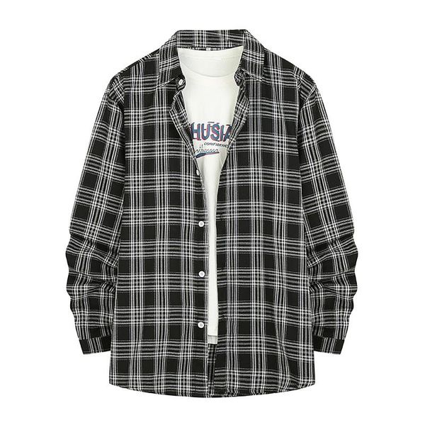 

men's casual shirts fashion plaid turn-down long sleeve button up men 2021 male camisa masculina, White;black