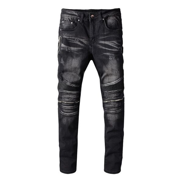 

new male leather fashions shredded plutonium jeans motorcycle thin black zippers stretch denim pants ufvs, Blue