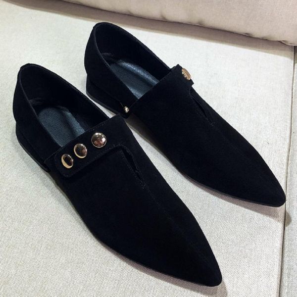 

women's natural suede leather rivet hook&loop pointed toe slip-on flats loafers leisure soft comfortable espadrilles daily shoes, Black