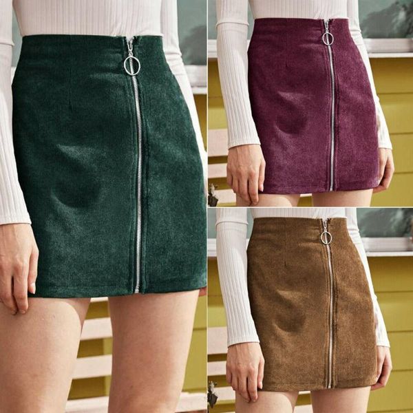 

skirts fashion women's corduroy high waist mini bodycon zipper clubwear skirt, Black