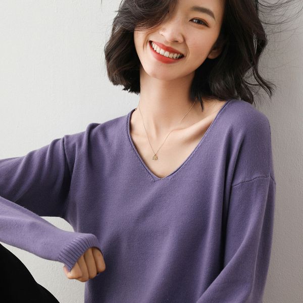 

autumn and winter 2020 women's new v-neck off shoulder thin women's sweater candy color bottom coat long sleeve, White