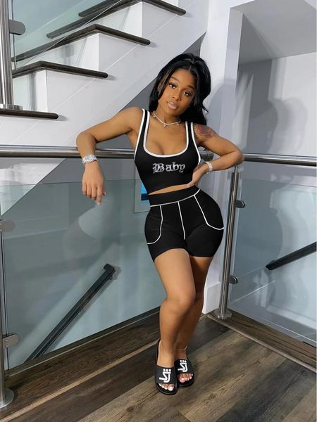 

women's tracksuits summer casual letter pullover strapeless short vest elastic waist shorts slim two-piece suit, Gray