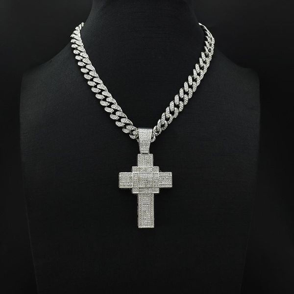 

pendant necklaces religious jesus cross necklace for men gold crystal zircon crucifix with big cuban chain jewelry gift, Silver