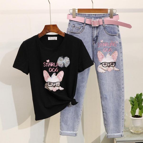 

two piece dress summer women beading sequins cartoon print t-shirt + high waist denim pants set loose cotton tee jeans femme outfits, White
