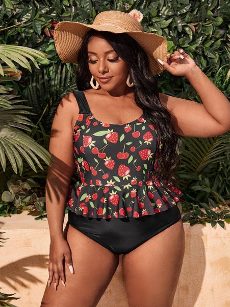 

plus strawberry & cherry print ruffle hem one piece swimsuit s6ij#, Black