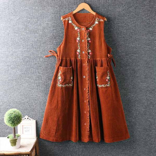 

casual dresses autumn winter cottage style mori girl embroidered flower corduroy vest tank dress for women loose outerwear vintage long, Black;gray