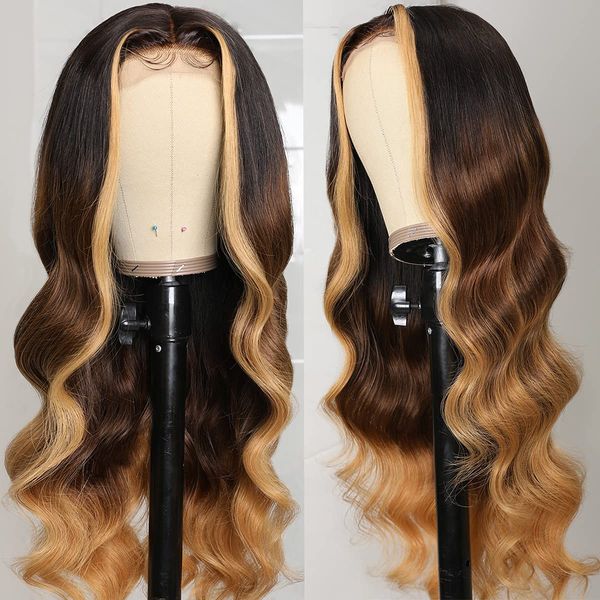 

highlight brown colored human hair wigs hd ombre wavy 360 frontal 3color lace front cuticle aligned wig, Black;brown