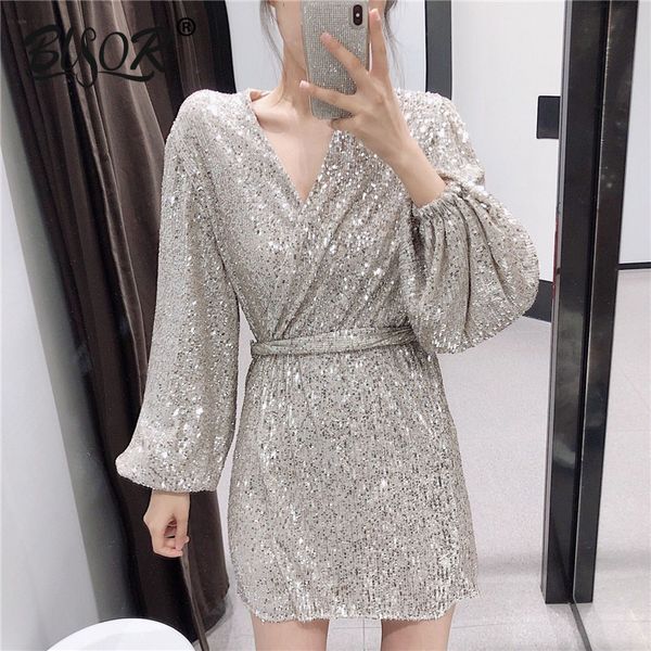

2021 new fashion sier sequins wrap mini lacing up waist split slim fit women long sleeve tea es bow tide vestido party ibee, Black;gray