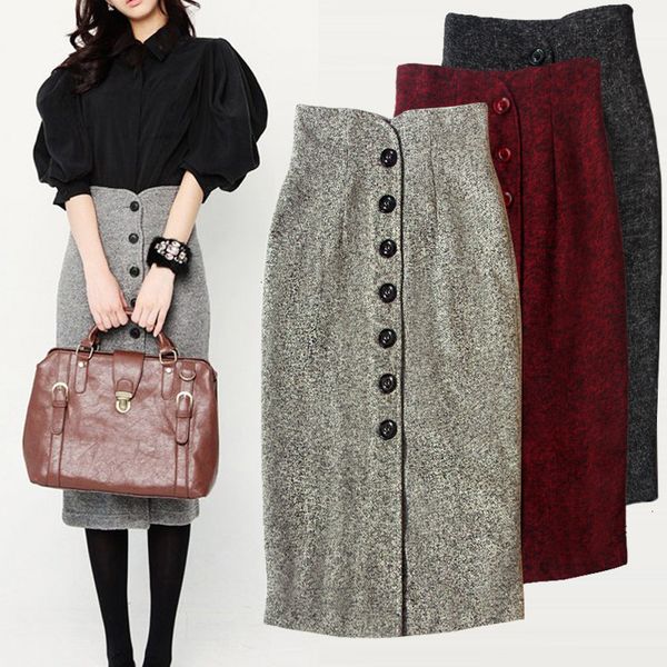 

2021 new high-end thick wool high waist skirt women autumn winter vintage double package hip office lady streetwear pencil skirts f0ju, Black