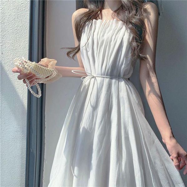 

casual dresses 2021 summer sleeveless elegant strap dress women bandage design solid thin one piece korean evening party for female, Black;gray