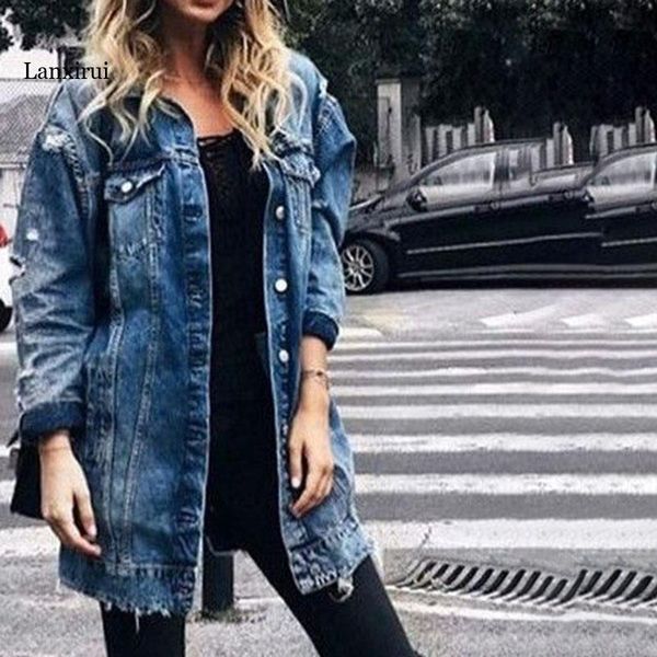 

women's jackets women loose ripped denim jacket ladies fashion coat streetwear hole boyfriend style jeans long sleeve autumn outwear, Black;brown