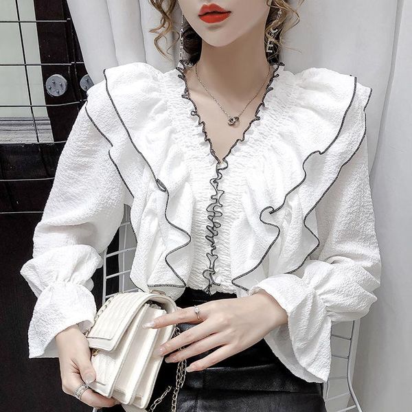 

women's blouses & shirts ruffled v-neck shirt 2021 early autumn loose temperament all-match french scheming thin long-sleeved, White