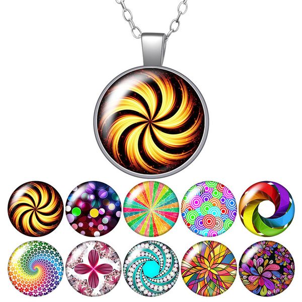 

rotated colorful flower patterns dots round pendant necklace 25mm glass cabochon silver color jewelry women birthday gift 50cm