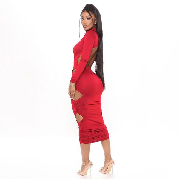 

spring autumn women casual bodycon package hip midi dress long sleeve turtleneck hollow out ruched backless long dresses, Black;gray