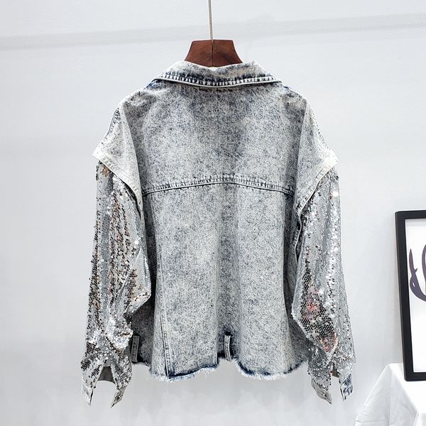 

oversized loose vintage wash sequins stitching sleeve jeans women outerwear chaqueta mujer short denim jacket coat female ecs0, Black;brown