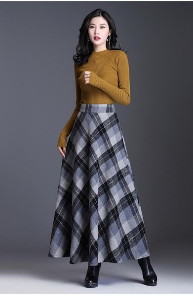 

skirts woolen plaid skirt female autumn and winter mid-length high-waist a-line long thickening, Black