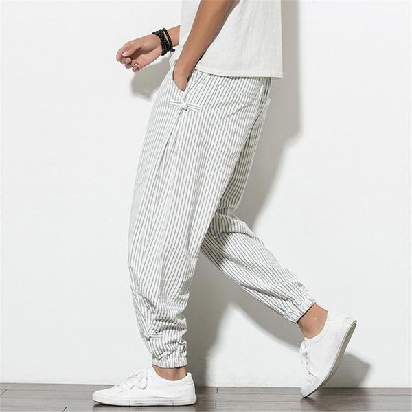 

men's pants 2021 summer men harem loose linen thin striped jogger sweatpants breathable plus size casual male, Black