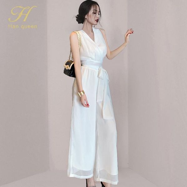

women's two piece pants h han queen 2021 summer suit white casual fashion v-neck sleeveless lace up chiffon wide leg set