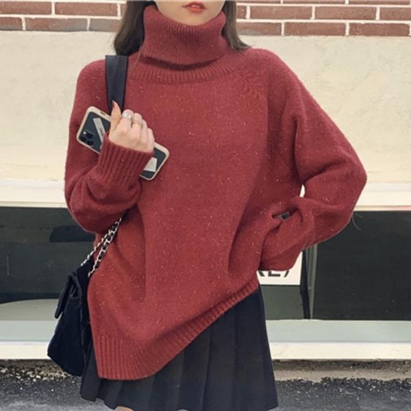 

christmas new year red sweater women fashion ins autumn winter 2021 new high collar thick knit top, White;black