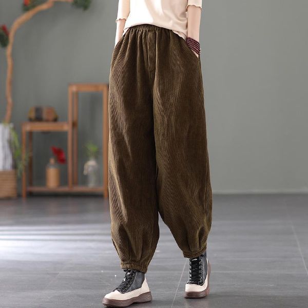 

women's pants & capris winter fleece warm women loose casual retro corduroy trousers ladies elastic waist pocket thicker 2021, Black;white