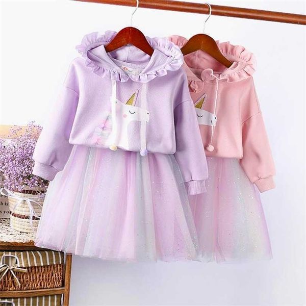 Niedliche Einhorn Langarm Hoodie + Rock 2 stücke Baby Mädchen Kleidung Sets Weihnachtsfeier Rainbow Mesh Tutu Prinzessin Mädchen Rock Anzüge 211025