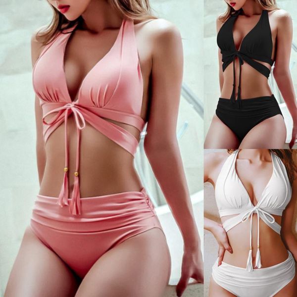 

women high waist bikini swimsuit swimwear female bandage biquini set bathing suit bather lace up 2 pieces women's, White;black
