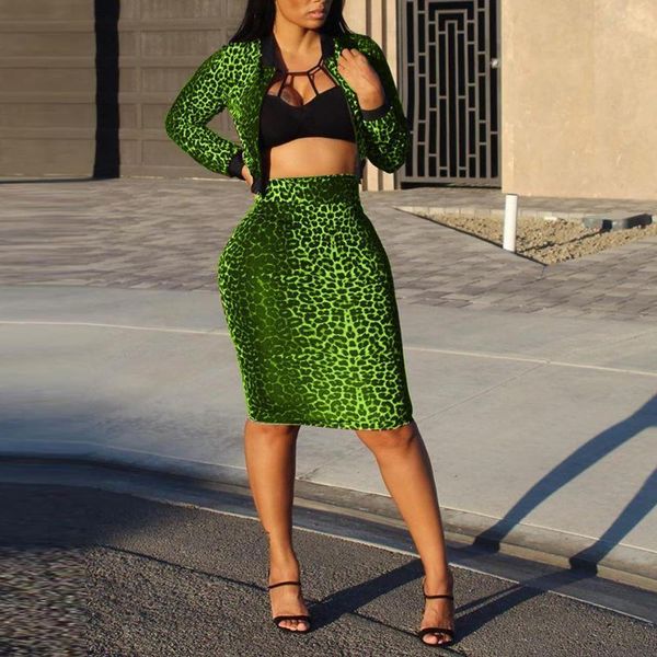 

fluorescent green 2 pcs women set leopard print dress + splash print two-piece set fashion long suit female outwear, Gray