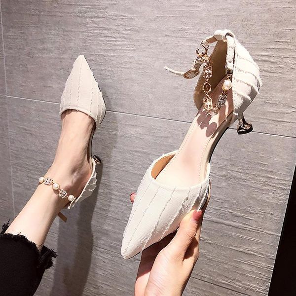 

2021 summer new baotou sandals fairy style thin heel versatile one line belt 6cm pointed high heels women's shoes office career, Black