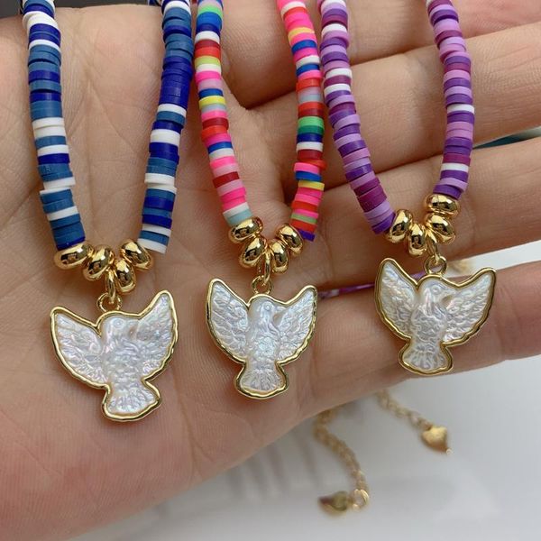 

pendant necklaces fashion peace dove necklace for women 2021 handmade natural mop pearl shell soft pottery ceramic chain bohemian jewelry, Silver