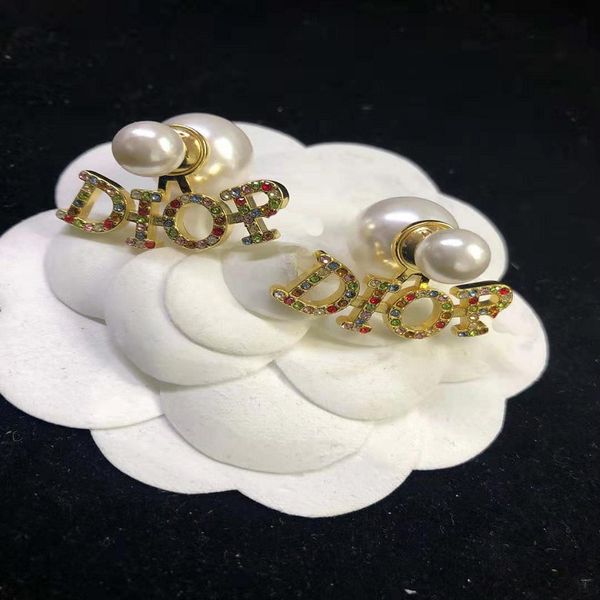 

2021 new d family s925 sier needle cd letter color diamond pearl earrings fashion temperament earrings, Golden