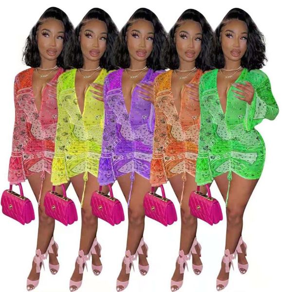 

casual dresses female print dress traf tight-fitting net gauze vestidos long sleeve deep v neck robe women party club mini summer, Black;gray