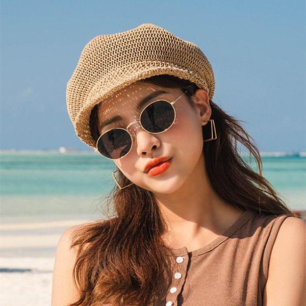 

wide brim hats women octagonal beret sun hat art painter outdoor travel beach female summer visor femme retro straw cap, Blue;gray
