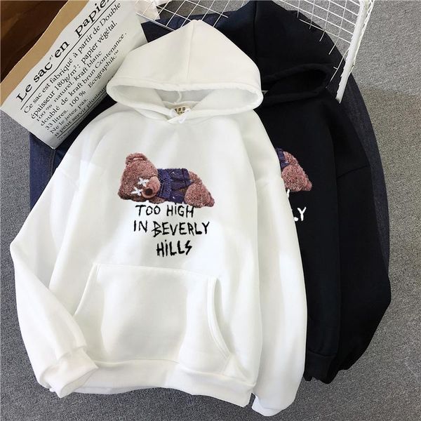 

men's hoodies & sweatshirts autumn winter oversized hoodie anime bear korean plush thickened long sleeve women men loose couple coat, Black