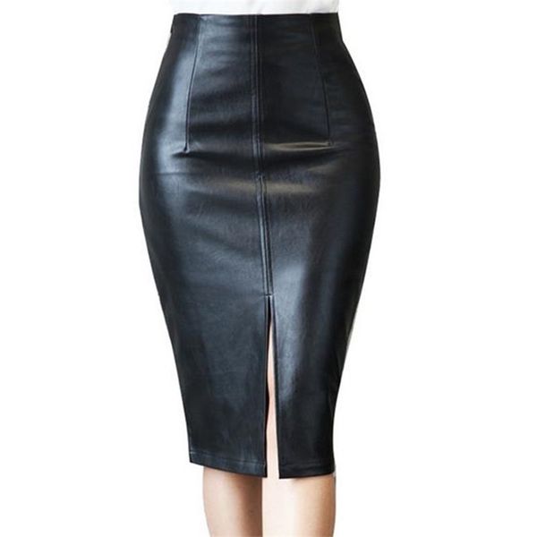 

pencil skirt pu leather women midi high waist bodycon split office knee length plus size 210621, Black