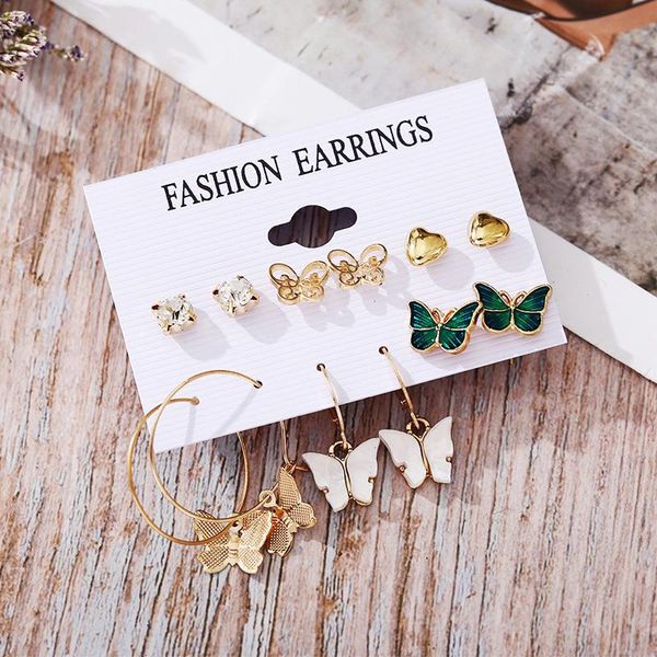 

dangle & chandelier 6 pairs/set gold butterfly hoop earrings for women female mini geometric zircon metal heart stud earings trendy jewelry, Silver