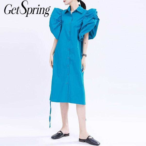 

getspring women dress puff sleeve cotton shirt es loose casual bandage long girls summer fashion 210601, Black;gray