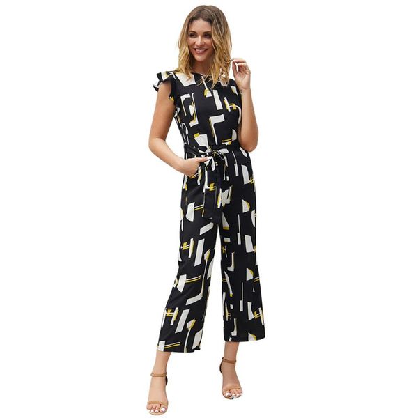 

women's jumpsuits & rompers 2021 summer black print jumpsuit women streetwear o-neck ruffles sleeve pocket casual sashes overall, Black;white