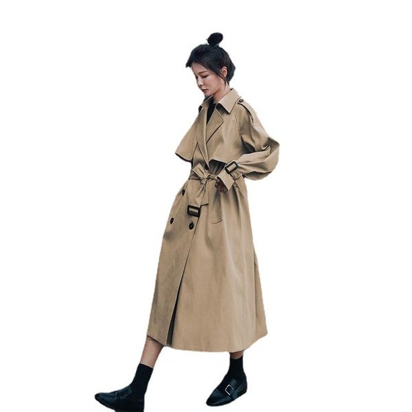 

women's wool & blends autumn winter spliced double breasted long trench coat women casual windbreaker jackets female khaki overcoat 202, Black