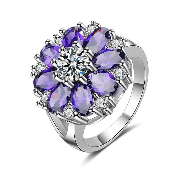 

cluster rings trendy 925 silver jewelry ornaments flower shape amethyst zircon gemstones finger ring accessories for women wedding party, Golden;silver