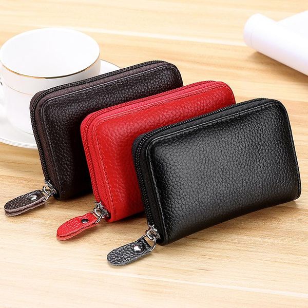 

card holders good quality zipper style genuine leather coin purse men women mini wallets male small money bag id holder, Brown;gray