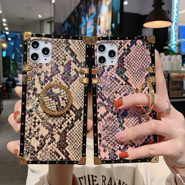 Square Box Animal Snake Skin Soft TPU Trunk Custodie Unique Women Girls Lady Case Ring Stand per iPhone 12 11 Pro XR XS Max X 8 Samsung S20 FE S21 Ultra A12 A32 4G 5G A42 A52 A72