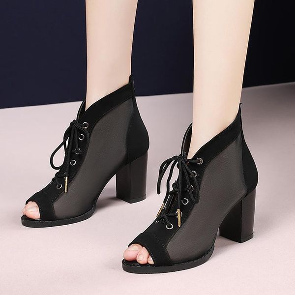 

sandals high roman heel fish mouth sandal summer women's shoes with hollow mesh chunky, Black