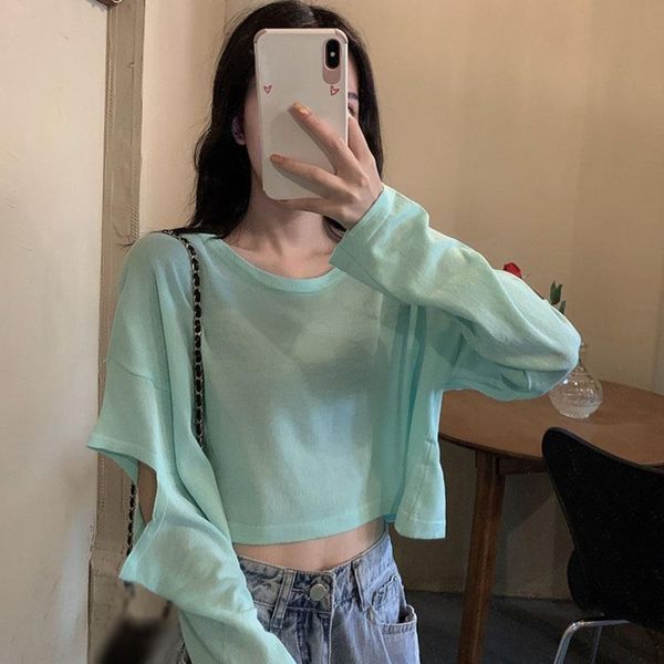 

women's t-shirt korean style fashion wild knit high waist short women o neck long sleeve 2021, White